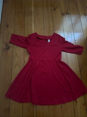 Women's Red Fit & Flare Casual Dress with Three-Quarter Sleeves